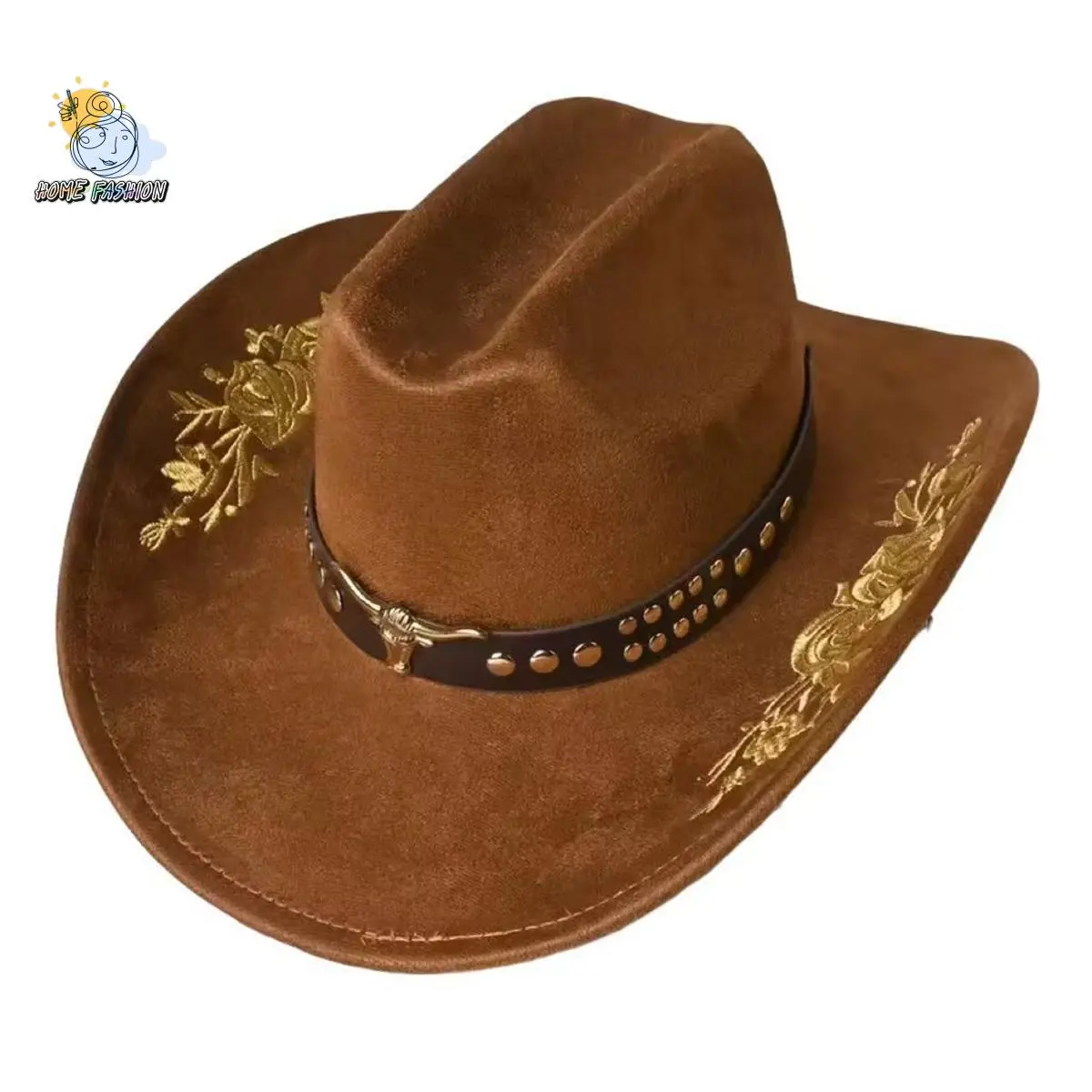 Unisex Belted Embroidered Wide-Brim Wool Cowboy Hat with Cattle Head Accessory, Felt Jazz Cap for Party (Festive & Party Supplies)