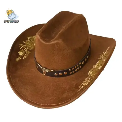 Unisex Western Cowboy Hat - Polyester Felt Wide-Brim, Belted, Embroidered, Cattle Head Accent, 56-58cm One Size Adult Decorative Party Hat for Wild West Themed Festive Supplies (Allow 2-3% Difference, No Cr Issues)
