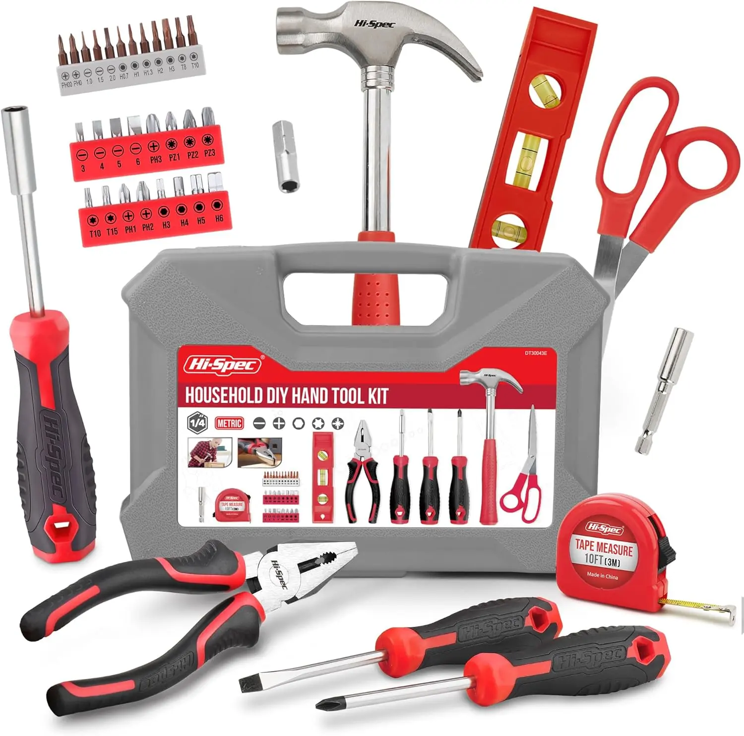 Hi-Spec Household DIY Hand Tool Kit Red All-Purpose Compact Tool Box ...