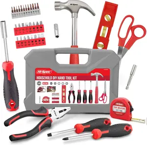Hi-Spec Household DIY Hand Tool Kit Red All-Purpose Compact Tool Box Set for Home Office Repair & Maintenance