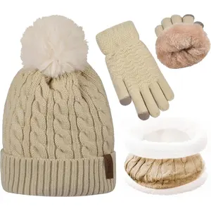 3Pcs Winter Women Beanie Hat Scarf and Touch Screen Gloves Sets Girls Classic Knit Warm Chunky Fleece Lined Cable Cap FENELY