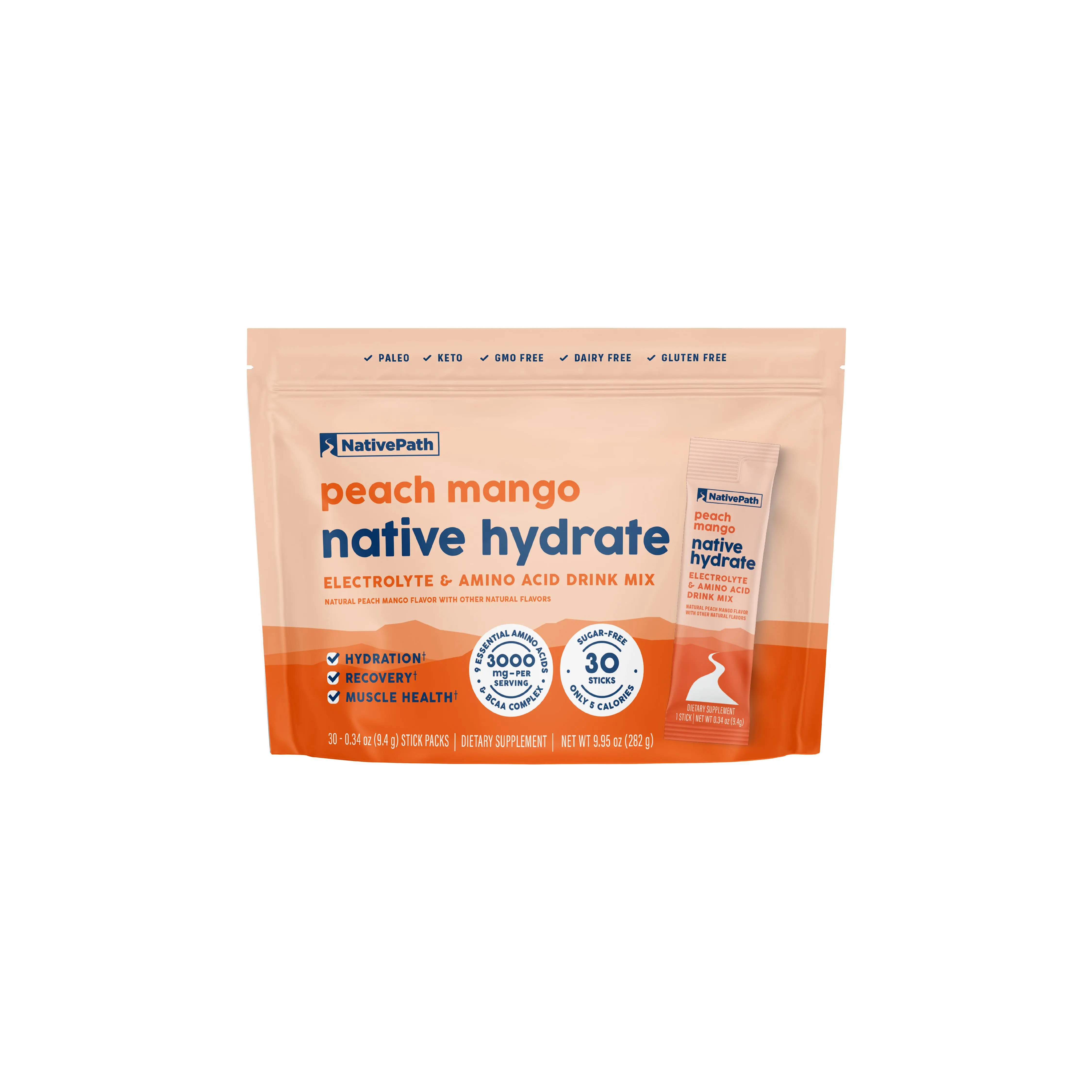NativePath Hydrate Electrolyte Stick Packs – Zero Sugar Drink Mix with 2,000mg BCAAs, 14 Vitamins & Minerals – Peach Mango Keto Hydration, 30 Single-Serve Packets