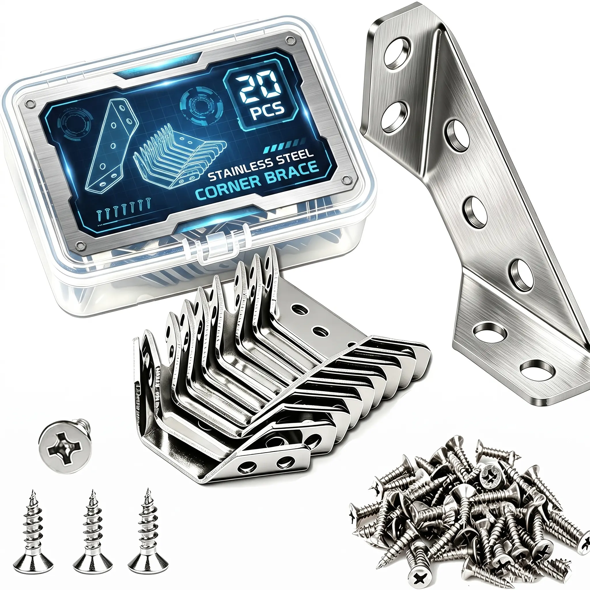 20 Pcs Enhanced Triangular Lightweight Stainless Steel L-Angle Corner Brackets (Smooth Edge) with 110 Screws, Heavy-Duty Brackets + Screws for Wood Surfaces, Easy to Use & Versatile DIY, Shelf Reinforcement