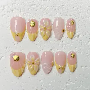 [Golden Shell] Short Almond Handmade Press on Nails, Fake Nails with Nail tool kit with Jelly Stickers, Reusable, Durable
