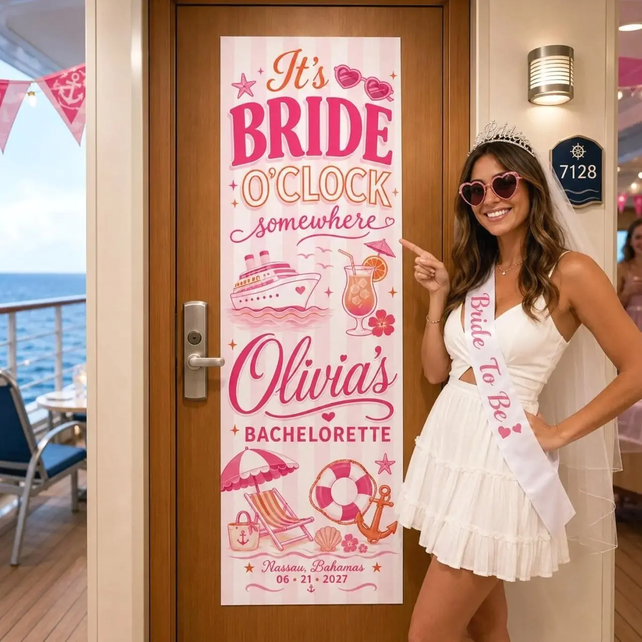 Personalized Bachelorette Cruise Door Banner: Stick-On Pink Polyester Tapestry