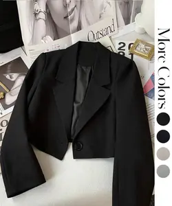 Women's Cropped Blazer Notched Lapel Single Button Tailored Fit Casual Office Jacket Black Suit Fitted Womenswear