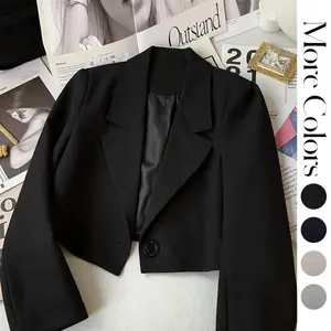 Women's Cropped Blazer Notched Lapel Single Button Tailored Fit Casual Office Jacket Black Suit Fitted Womenswear