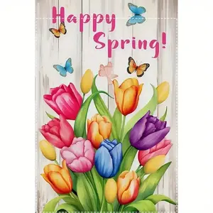 Happy Spring Garden Flag 12x18 Inch Double Sided, Cute Easter Bunny Outdoor Lawn Decor for Porch Yard Patio, Durable Polyester Fade Resistant Seasonal Flag, Spring Home Gift