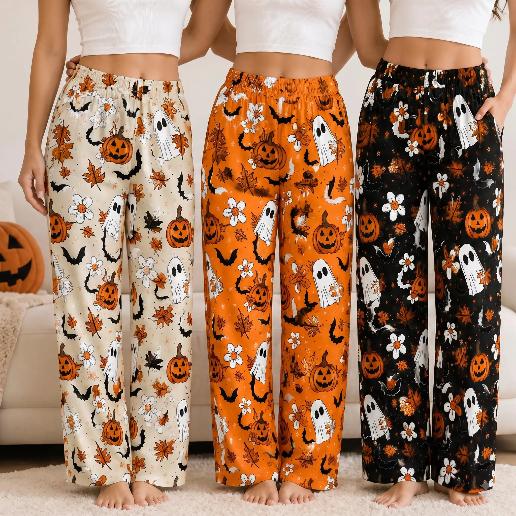 Ghost Pumpkin Halloween Pajama Pants Women s Wide Leg Pajama Pants Cute Spooky Lounge Pants Fall Sleepwear, Cute Dragon Design Lounge Bottoms for Relaxing Nights, Unisex Pajama Gift For Her, Gift For Him, Matching loungwwear
