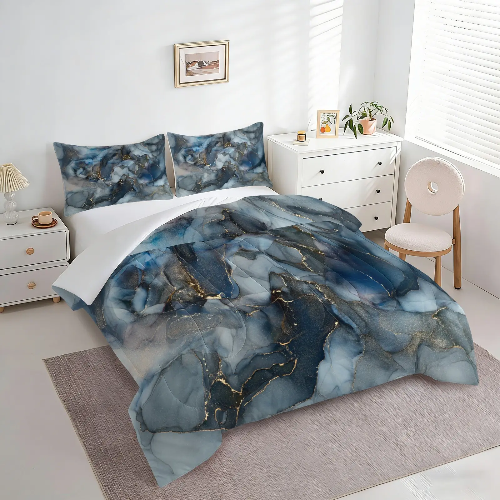 2/3pcs Blue Gold Marble Comforter Set,Modern Abstract Ink Quilt, Soft Microfiber Bedding Set with Pillowcases, Luxury Bed Comforter for Dorm Apartment Bedroom, Decorative Bedding Set