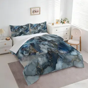 2/3pcs Blue Gold Marble Comforter Set,Modern Abstract Ink Quilt, Soft Microfiber Bedding Set with Pillowcases, Luxury Bed Comforter for Dorm Apartment Bedroom