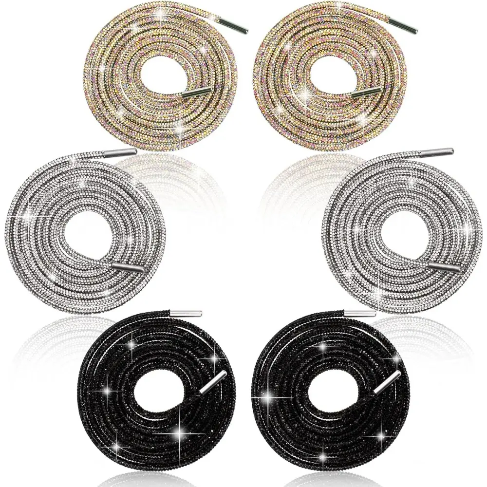 6Pcs 55in Faux Crystal Rhinestone Glitter Rope - Bridal Footwear Shoelaces, Black/White/Rainbow Drawstring Cords, Replacement for Sneakers & Boots, DIY Office Gift Accessories, 6Pcs Black/ White/ Rainbow