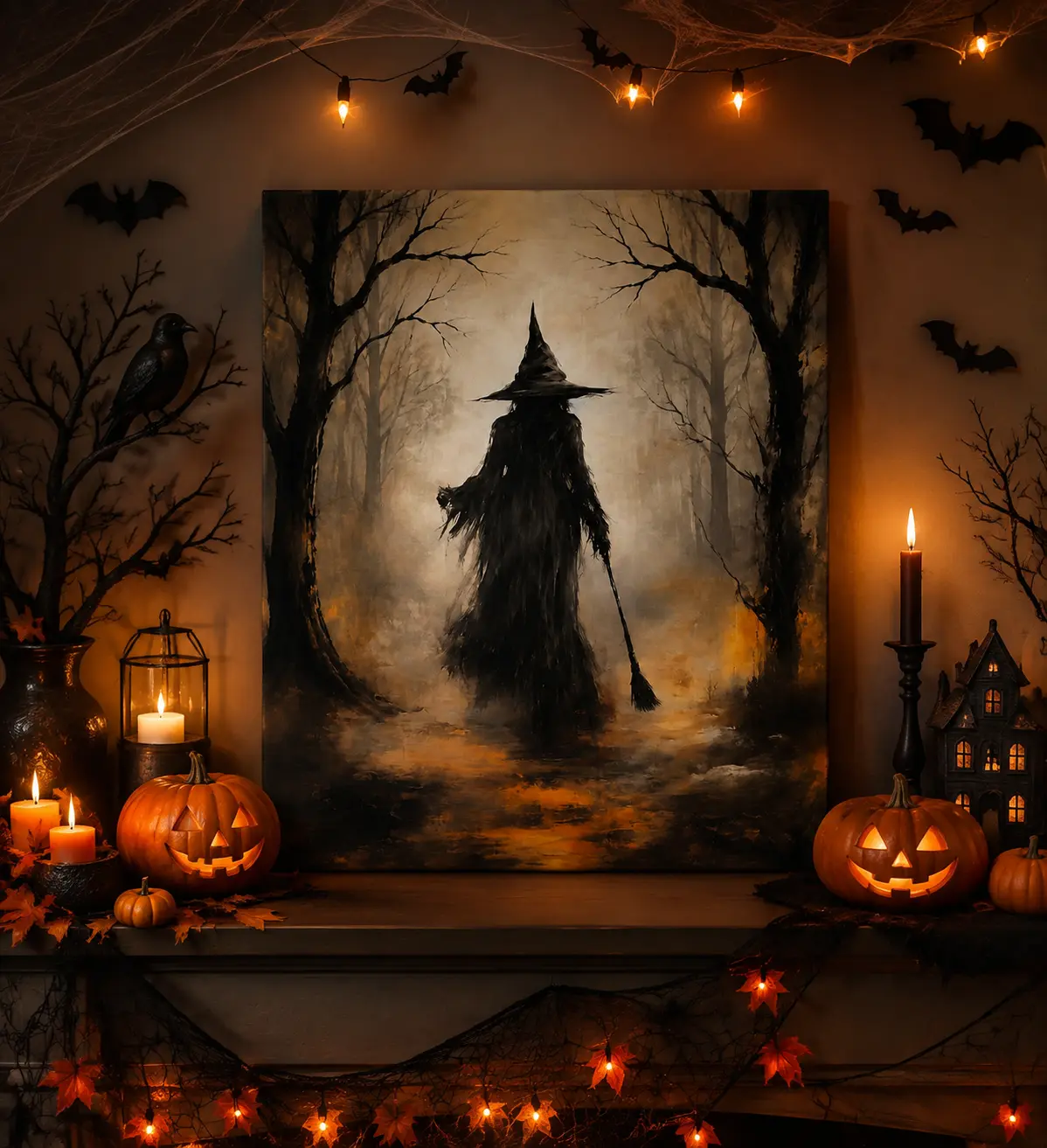Halloween Witch Canvas Wall Art - Dark Gothic Forest Poster, Spooky Fantasy Home Decor, Bedroom Decor for Home Office, Halloween Gift