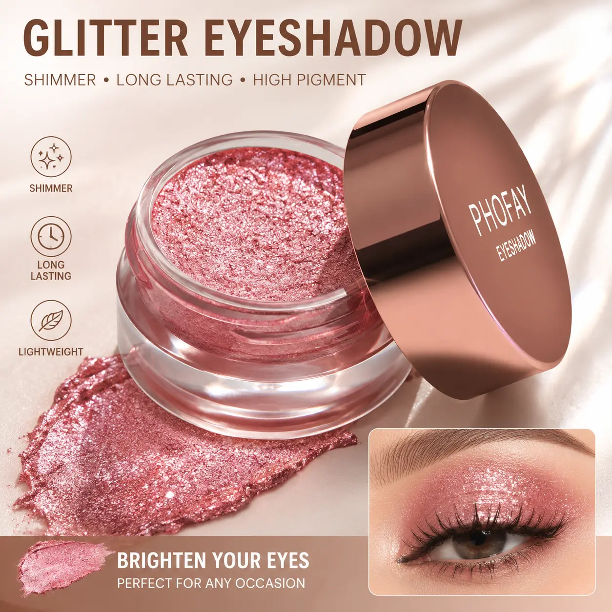 PHOFAY Glitter Eyeshadow, High Shine Sparkle Eye Shadow, Lightweight Cream Formula, Long Wear Shimmer Eye Makeup