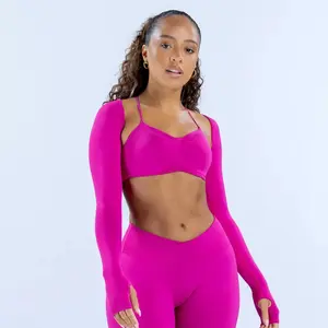 （With Logo）Seamless 3-Piece Yoga Set: Cross Halter Sports Bra + Thumbhole Arm Shrug + V-Waist Leggings, Women’s Workout Activewear