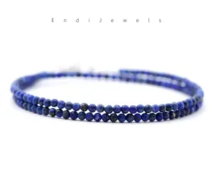 EndiJewels Handmade Lapis Lazuli 2mm Round Beaded Choker, Tiny Beaded Necklace with 2-inch Extender Chain