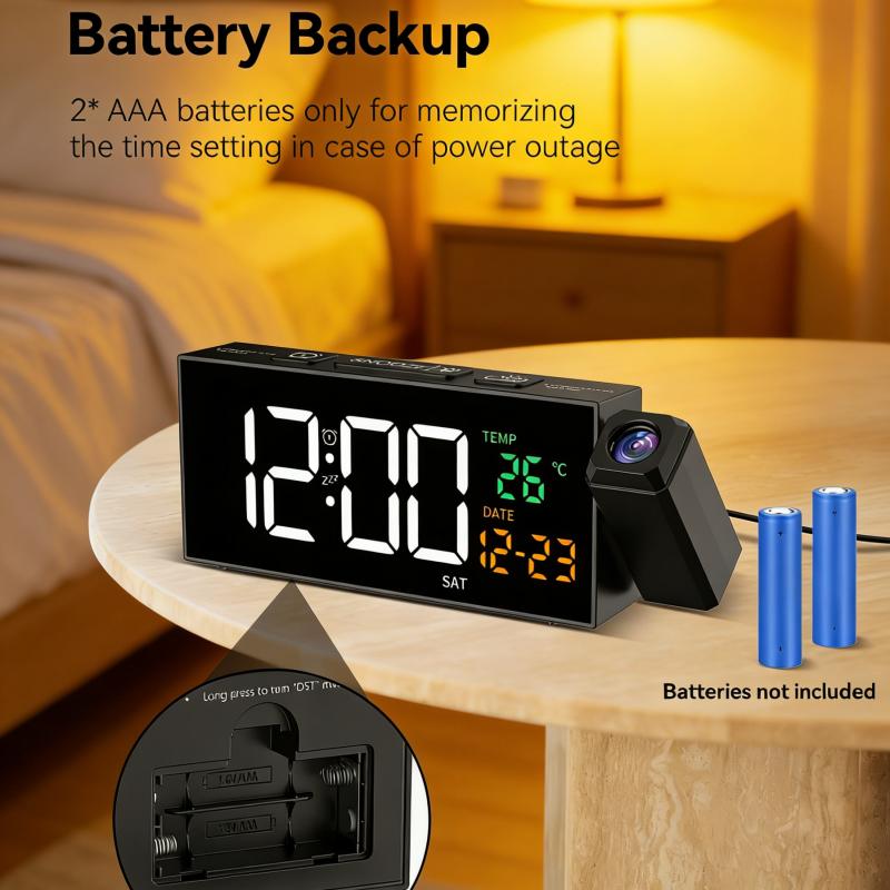 Projection Clock for Bedroom Ceiling, Alarm Clocks with 180° Rotatable Projector, Date Temperature and Weekday, Manual DST, 5 Brightness Levels, 10 Ringtones, 4 Volume Levels and Snooze (Black)