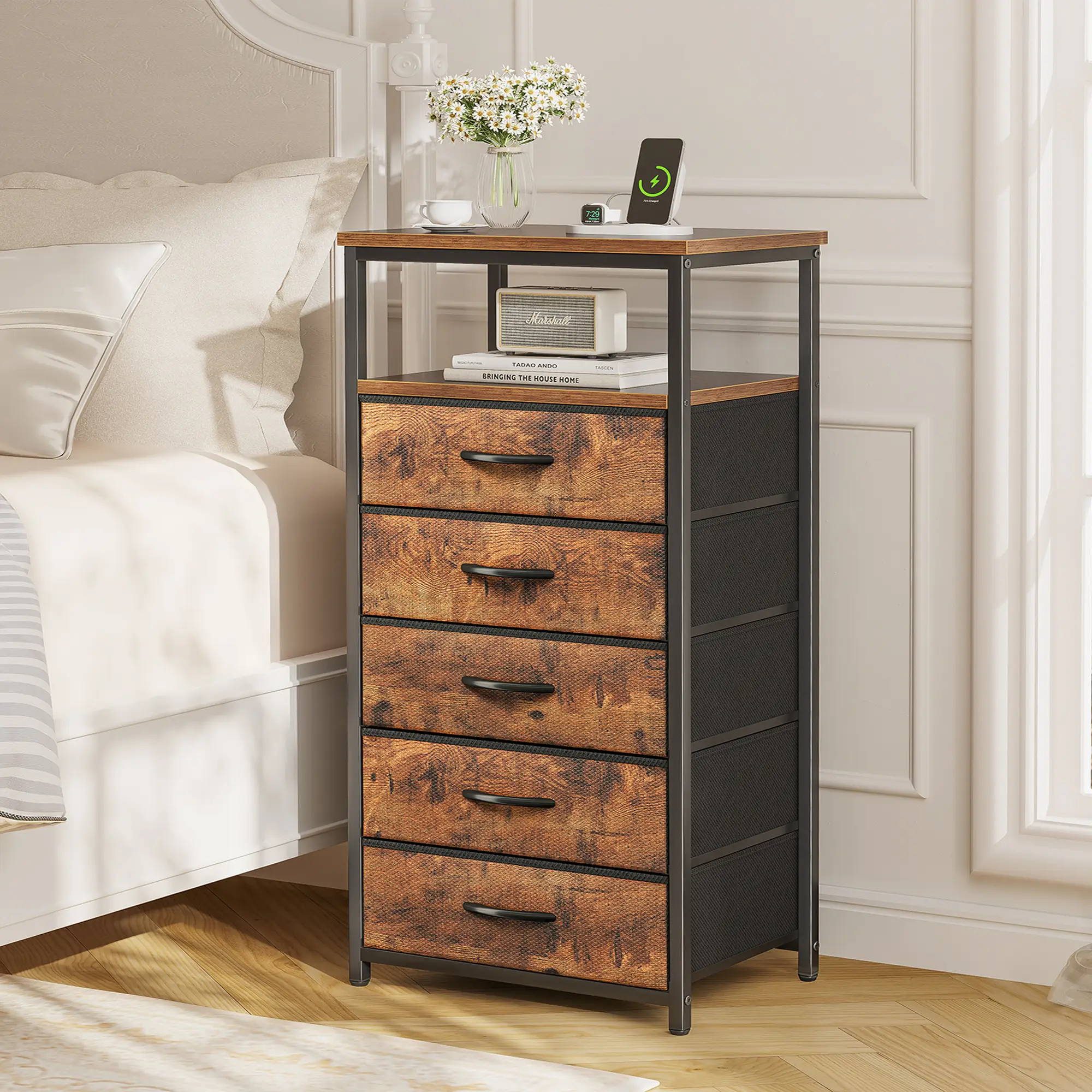 Huuger 5 Drawers Dresser with Charging Station, Dresser for Bedroom, Tall Night Stand, Chest of Drawers with Open Shelf, Bedside Table Nightstand, Fab