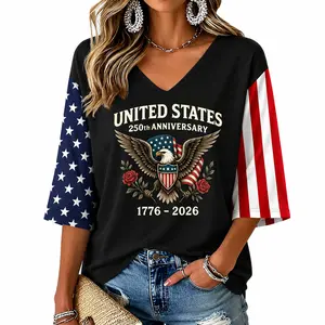 Women's Patriotic 3/4 Sleeve Shirt, USA 250 Years Anniversary V Neck Top, Eagle American Flag 1776-2026 Graphic Tee, Loose Fit Casual Blouse for Fourth of July, Independence Day, BBQ, Parade and Summer Vacation，S-5XL
