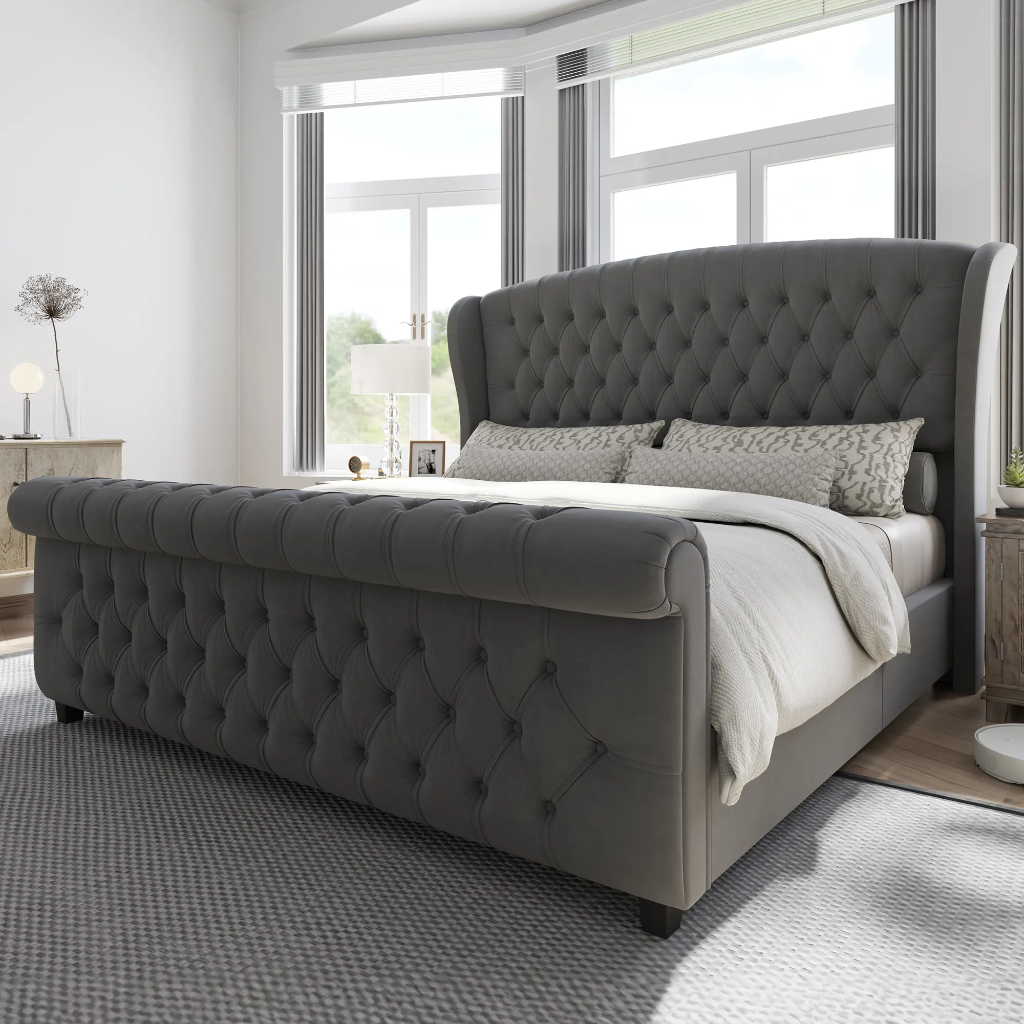 ALBOTT Upholstered Sleigh Platform Bed Frame with Headboard, Bed Frame with Wingback Headboard, Deep Button Tufted, Wood Slats Support, No Box Spring Needed