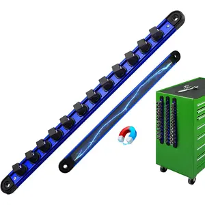 1/2-Inch Magnetic Socket Organizer Rail, Aluminum Alloy Socket Rail, Heavy Duty Sockets Holder with 12 Clips, 360° Swivel Clip Tool Tray, Sockets Organizer for Tool Box Drawer (Blue)