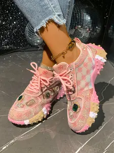 Street Style Ditsy Floral Sneakers, Full Diamond Embroidery & Colorblock Sole, Unique Trendsetter Casual Shoes for All Seasons