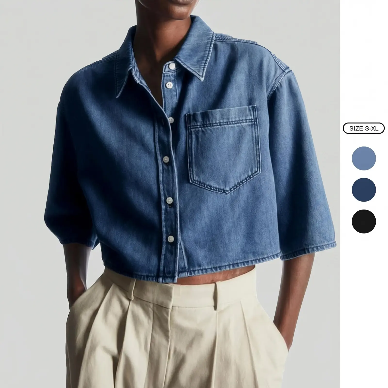 Imily Bela Womens Crop Denim Shirt Half Sleeve Button Down Short Jean Jacket with Pocket
