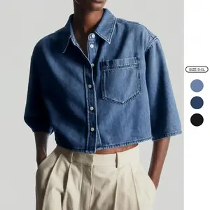 Imily Bela Womens Crop Denim Shirt Half Sleeve Button Down Short Jean Jacket with Pocket Imily Bela Womens Crop Denim Shirt Half Sleeve Button Down Short Jean Jacket with Pocket