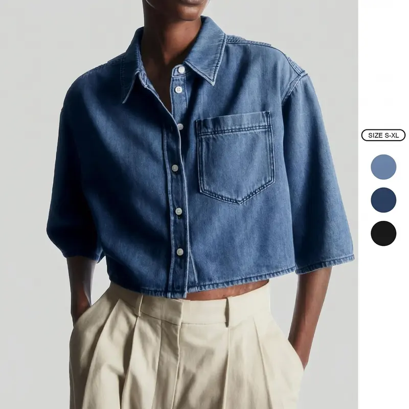 Imily Bela Womens Crop Denim Shirt Half Sleeve Button Down Short Jean Jacket with Pocket