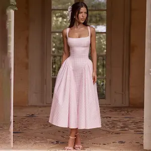 Brunch Dresses Soft Pink Gingham Square Neck Midi Dress for Bridesmaid & Tea Party Coquette Pink Gingham  with Wide Straps, Cottagecore Aesthetic Summer Outfits Chartreuse Color Dress Women's Dresses Plaid Print Sleeveless Corset graduation Dress
