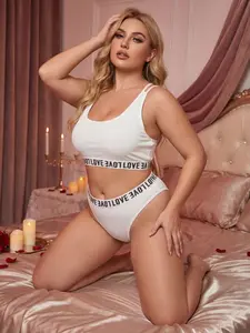 Women's Plus Size Fashion Mesh Letter Fit Lingerie Set, No Steel Cup Triangle Panties, Love Belt, Comfortable Skin-Friendly Breathable Fabric, Womenswear, Underwear