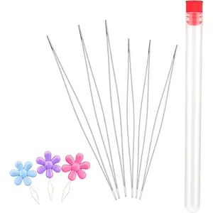6 Pieces Beading Needles, 2 Sizes Collapsible Eye Needles for Beading with Needle Bottle and 3 Pcs Bead Needle Threader for Jewelry Making (4.52inch+5.03inch)