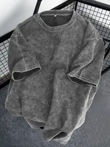 Men's Vintage Industrial Washed Short Sleeve T-Shirt, Deep Texture, Loose Fit Drop Shoulder Cut, Pure Cotton Streetwear