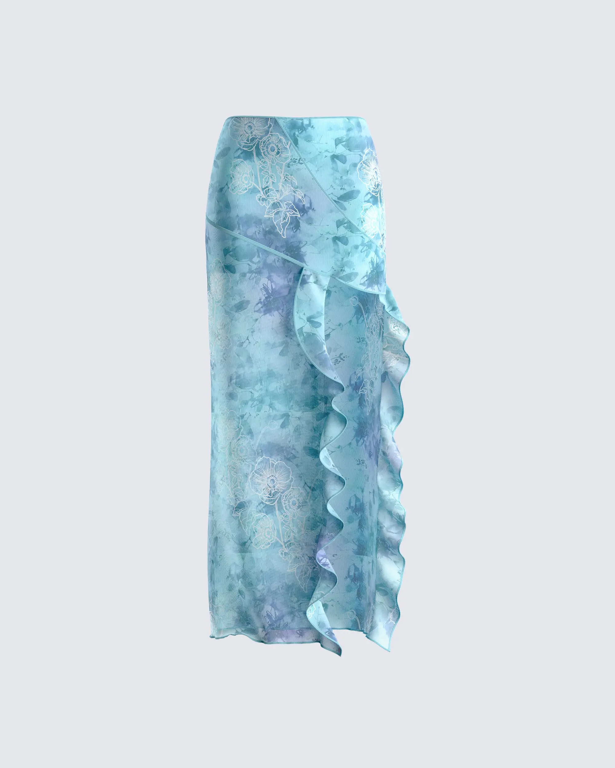 Women's Chic Bahia Mint Floral Print Asymmetric Ruffle Fitted Draped Beach Skirt for Ladies, Lady, Hip, Fashion Skirts, Floor-Length Skirts