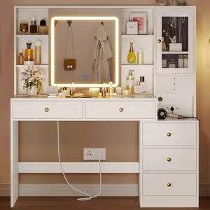 HAUOMS Makeup Vanity with Lights, Sliding Mirror & Power Outlets, Modern Vanity Desk with 5 Drawers & Shelves, White Dressing Table for Women Girls