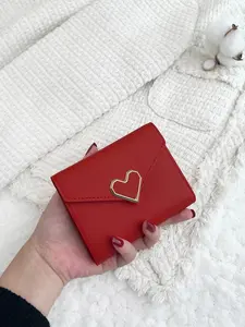 Metal Heart Accent Wallet - Slim Bifold with Coin Pocket, Lightweight Card Holder for Women (Valentine's/Teacher Gift, School Essentials)