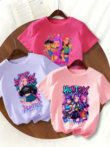 Girls' Trendy Graffiti Style Short Sleeve T-Shirt Set, Character Prints + Colorful Letter Patterns, Stylish Summer for Active Kids, Vibrant Casual Baby Clothes