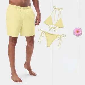 Matching Y2K Lemon Yellow Couple Swimwear Set, His & Hers Bikini & Swim Trunks Beach Outfit