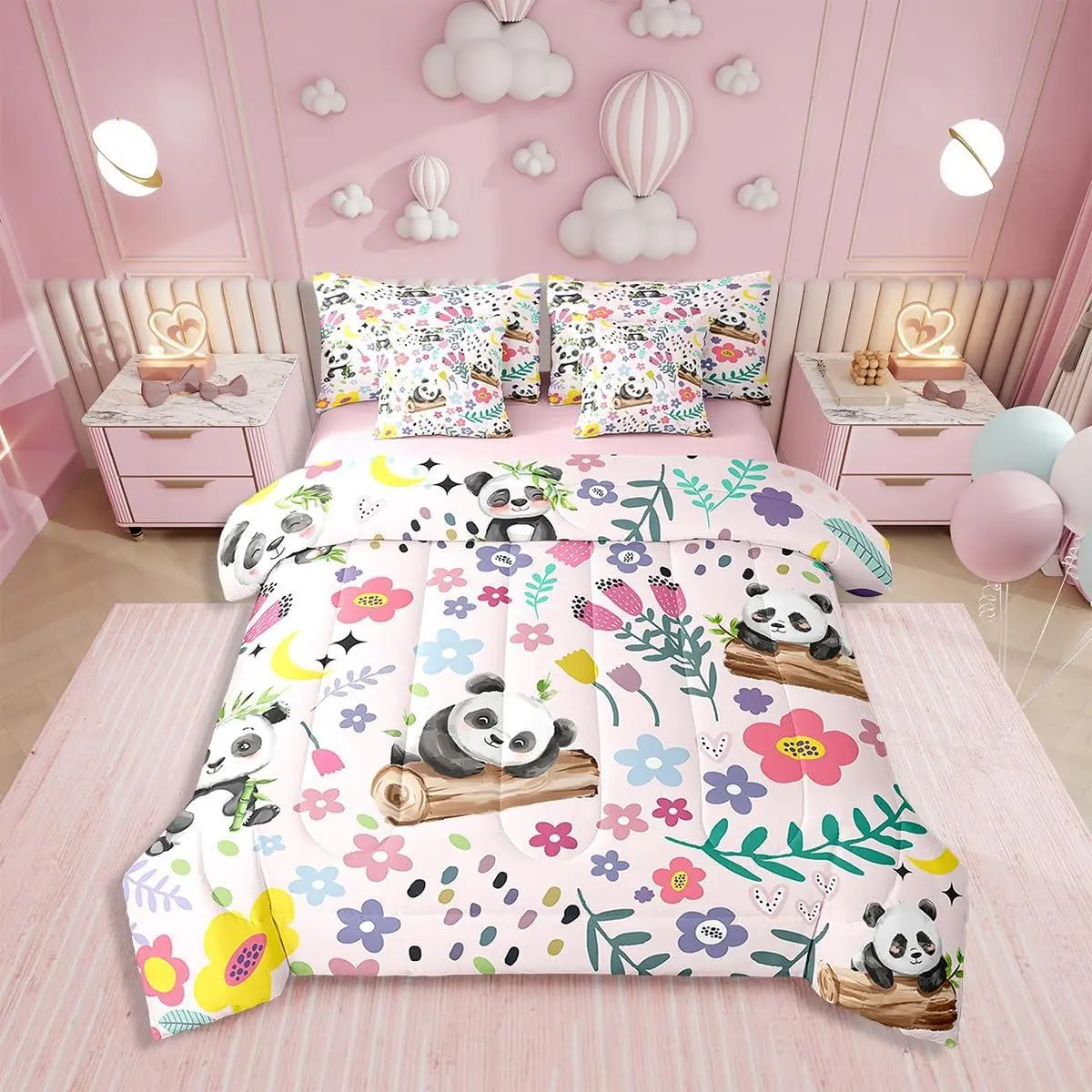 Floral Panda 7Pcs Bedding Set,Cartoon Panda Comforter Bed in a Bag Jungle Flower Animal Leaves Printed Quilt with Flat Fitted Sheet,for Children Boy Girl Teen Kids,7Pcs