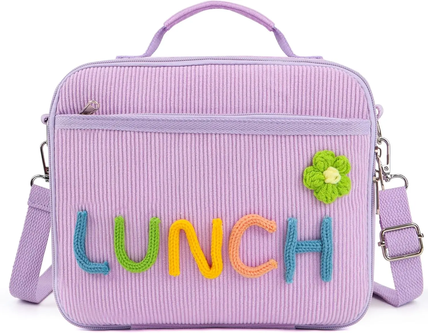 Purple Corduroy Kids Lunch Bag, Colorful Knit Letters & Flower Insulated Lunch Box Gifts for Girls Daughter, Large Capacity Soft Lunch Containers Crossbody Cooler Bag for Back to School Travel Picnic
