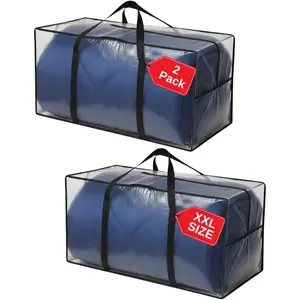 68.5 GAL 2 Pack XXL   Heavy Duty Stronger Handles Storage Bags Moving Totes Zippered  Wrap Around Handle Storage Totes (Translucent/Semi-Transparent)