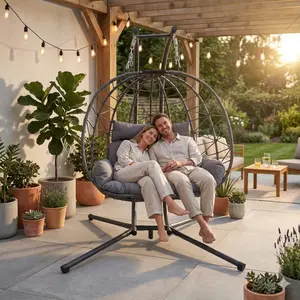 Double Hanging Egg Chair with Iron Stand, Powder-Coated Patio Hammock Swing Loveseat with Cotton-Rattan Cushion, for Bedroom, Garden (Grey) – Ideal for Friends, Family