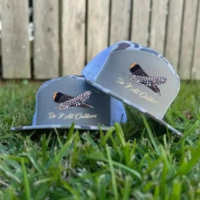 Turkey Feather Embroidered Old School Trucker Hats – 7 Panel Style in Bottomland Camo, Black, White, Brown – Unisex Fitted Capasual Cap