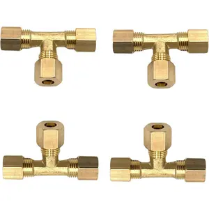 4 count Brass Compression Union Tee Tube Fittings,1/4" x 1/4" x 1/4" Tube OD 3 Way Air Compression Fittings Connectors