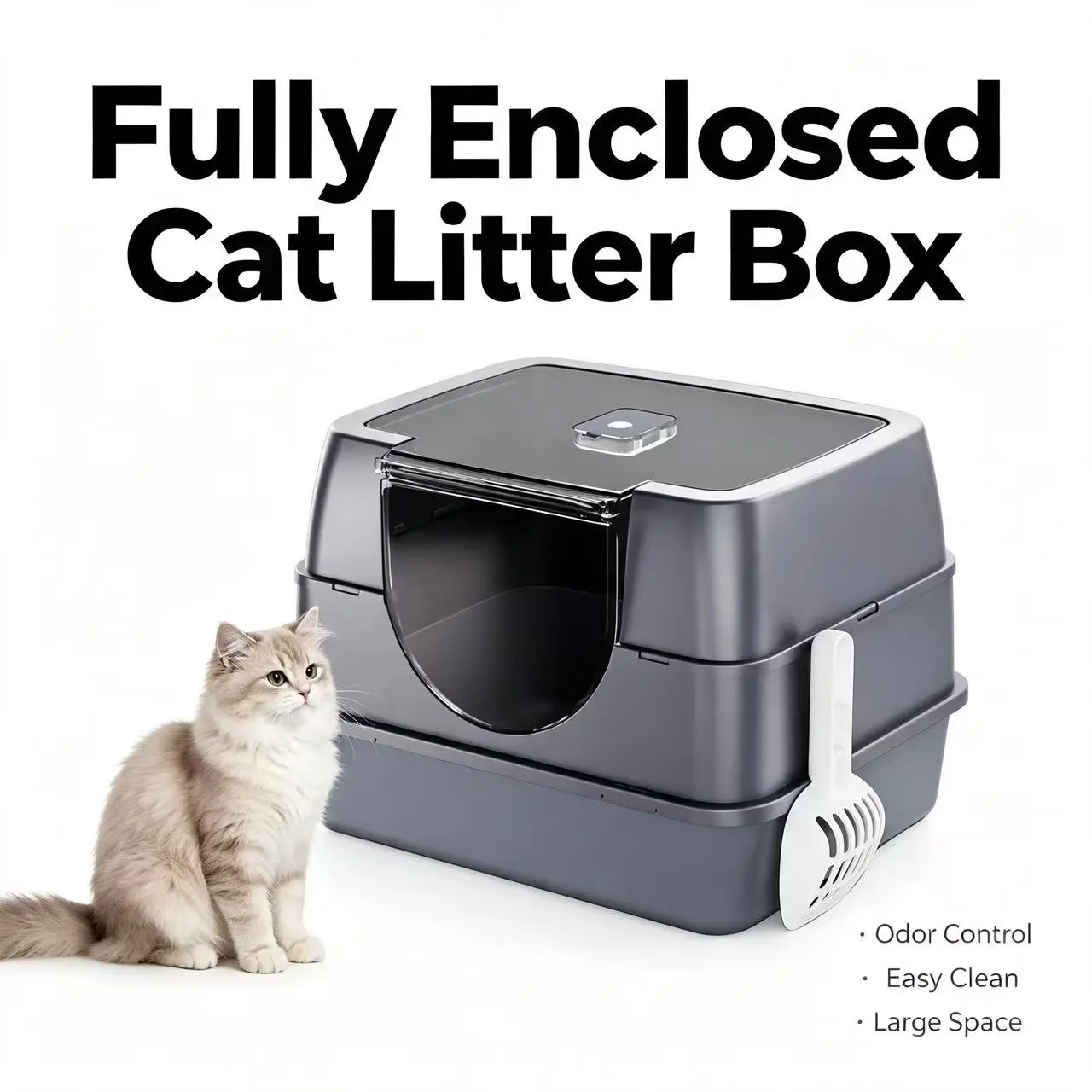 Fully Enclosed Odor Lock Cat Litter Tray, Flip-Top Easy Cleaning Covered Kitty Toilet with Matching Litter Scoop, Anti-Urine Leakage, Wood Derivative, Multi-Cat Household Affordable Pet Product for B2B Supply regular
