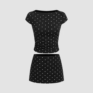 Cider [4 colors, size 0-10] Cotton-blend Boat Neck Polka Dot Ruched Tee & Mini Skort
