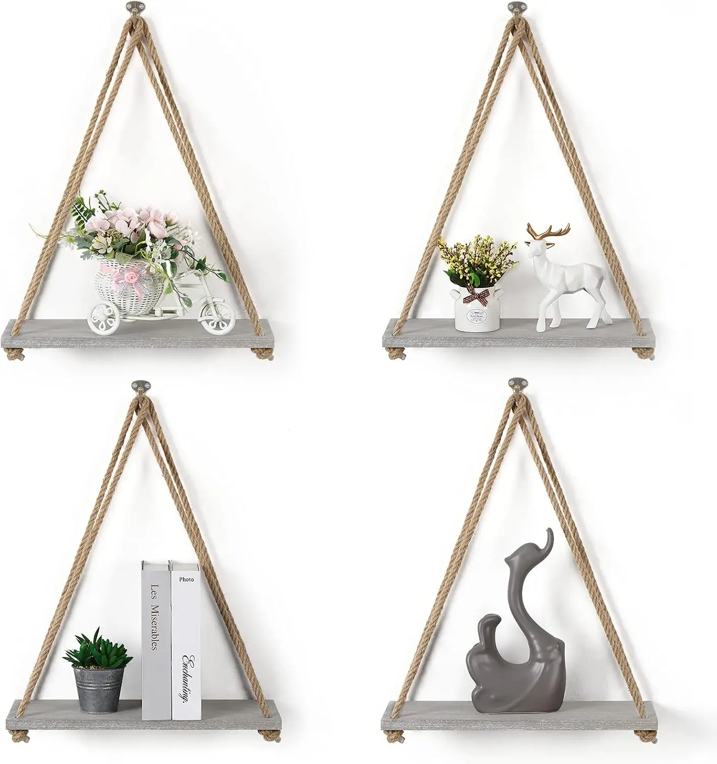 Olive Green Floating Hanging Shelves - 4-Piece Thick Wood Wall-Mounted Set with Swing Rope, Home Decor Shelf Organizer for Books, Photos, Storage & Organizing Needs, Hanging Shelf