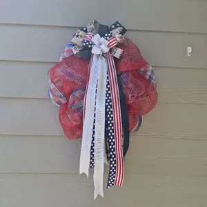 Fluffy Patriotic Mesh Wreath with Red, White, and Blue Ribbon for Decorative Display