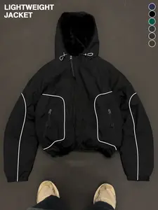 Men's Lightweight Hooded Zipper Jacket with Drawstring Design, Polyester Fabric, Thin Windbreaker Coat with Multiple Pockets, Ideal for Outdoor Activities, Running, Casual Streetwear Reflective Loose Menswear Cotton Fleece