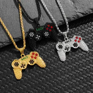 Hip Hop Black Gold Plated Crystal Game Controller Pendant Necklace For Men Boys Jewelry Birthday Gifts